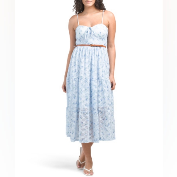 NWT - Sugarkiss Floral Lace Overlay Fully Lined Lt. Blue Midi Dress - Size L - Picture 1 of 15